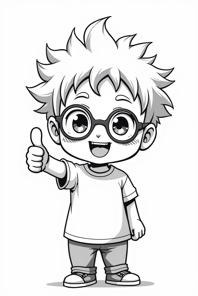 Cute Cartoon Japan nerd with thumb up in digital pen drawing without color