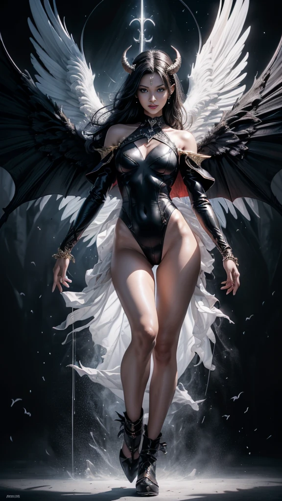 emphasis on wings, wings on shoulder, Angel wings and devil wings, white wings and black wings, (Realistic picture, highest resolution, 16ก), (A demon god with wide wings and enormous power on his shoulders..., Twelve wings on the shoulders., black bat wings:1.3 white angel wings:1.5), 6 angel wings, 6 devil wings, (Beautiful girl with two meter long hair, shiny black hairงาม, Smooth white skin, Lips are very red.), ((stand, already)), (big breasts, หัวBig tits), (gigantic breast, breast augmentation, Breast 400 cc., small waist, hips raised, small thighs, Long legs), (dynamic poses), (Armor that slightly conceals the body), Separate theme, (Angel wings and devil wings), floating in the air above the groundดิน, background darkness, Embraced with twelve wings, The horns that grow from the head are like a crown., He who has light, wears little armor, There is power coming out of the body., sparkling wings, white light black light, amazing wings, beautiful gesture, 8K resolution, Resolution 4000 x 2250 pixels, beautiful gesture, Angel wings and devil wings, (Realistic picture, highest resolution, 16K), (A demon god with wide wings and enormous power on his shoulders.., Twelve wings on the shoulders., black bat wings:1.3 white angel wings:1.5), Angel wings and devil wings, white wings and black wings,, Have wings 100 Have wings 1000, Angel wings and bat wings, wings inserted between wings, 12 wings, 6 angel wings, 6 bat wings, Angel wings and devil wings, white wings and black wings,, (Beautiful girl with two meter long hair, shiny black hair, Smooth white skin, Lips are very red.), very long hair, ((stand, toe)), (big breastsโต, หัวBig tits), (gigantic breast, small waist, hips raised, small thighs, Long legs), (dynamic poses), (black and white leotard, There are beautiful patterns., Decorated with gold embroidery., Show off your chest), Separate theme, (Angel Wings and Demon Lord Wings), floating in the air above the ground, background darkness, Embraced with twelve wings, He is white and black., A rainbow glow on the back of the head, The most busty breasts, Big tits, universe backdrop, dynamic gesture, Drive the skin, Smooth white skin, (The wings are in layers, alternating with white, alternating with black. The wings are alternating with layers of white, alternating with layers of black, and alternating again.), gold pattern set