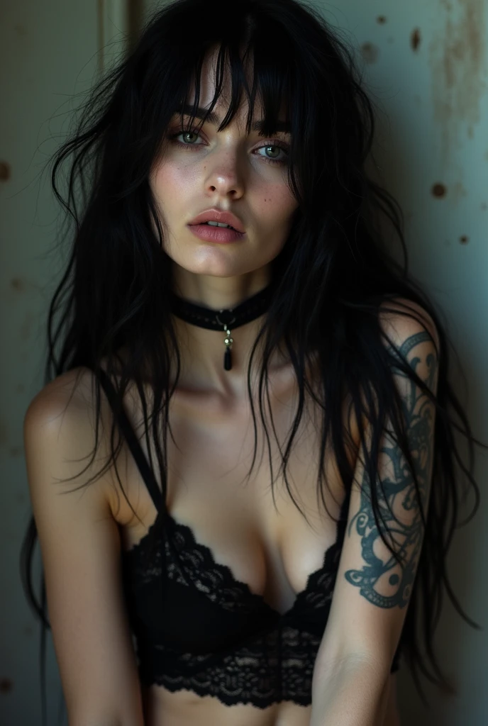 Girl, clear skin, gothic, SEX, black lingerie, grunge, pleasure face, long black hair, Collect, sweaty skin, front position, looking to the camera