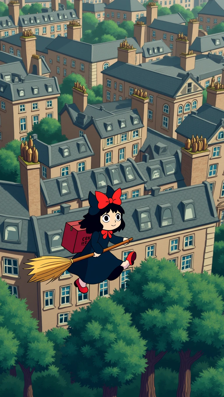 Kiki from the anime Kikis delivery service flying on her broom through London, in Studio Ghibli style, KIconan riding red and black brooms over buildings in London with green trees in front of them, K asymmetrical shot, K réaliste, anime studio ghibili