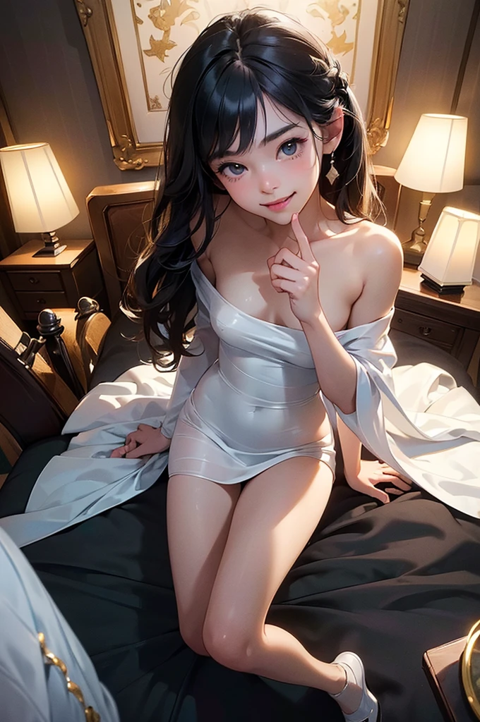 ((masterpiece, best quality, ultra-detailed, high resolution, extremely detailed CG, super detailed, Most beautiful clean lighting)), 1girl, small build, , cute girl, pretty face, smile, white skin, Beautiful black long hair, black eyes, kawaii, full body, nsfw,