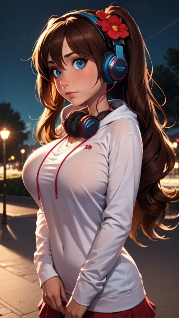 anime girl with red flowers on her thin-hoodie at night in a park, 1girl, headphones around neck, nakano miku, brown hair, solo, blue eyes, long hair, headphones, shirt, hair between eyes, looking at viewer, long sleeves, bigger boobs
