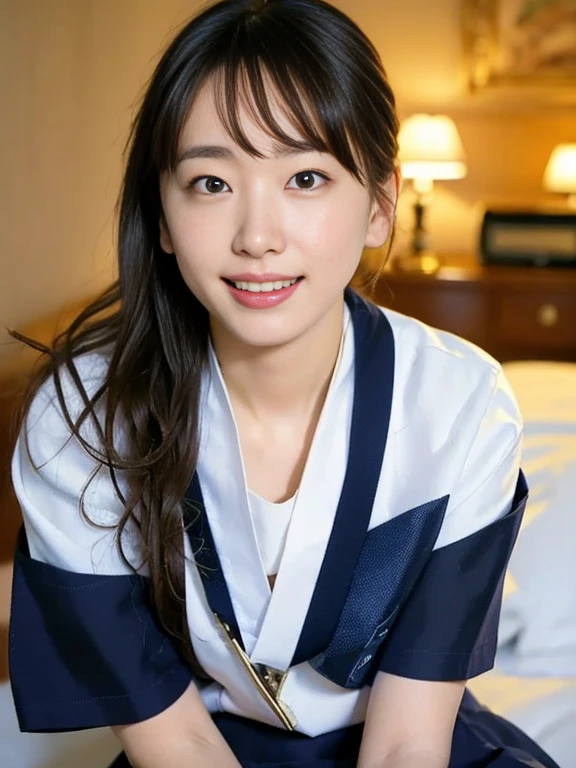 (Masterpiece, Best quality: 1.2), (Ultra realistic, Photo-realistic: 1.1), Natural light, 28 years old actress, Japanese women, Neat and clean, Typical School uniform, (Typical Sailor suit, Navyblue collar, White shirts, Short sleeve, Navyblue skirt, Black skirt:1.3), Wearing white sock, (ponytail: 1.2), Light brown hair color, (Beautiful Face), Oval face, clear, (Beautiful eyes, Kind eyes), (Clear skin), Small face, (Small mouth, Beautiful mouth), Natural makeup, Approachable, Hotel Suite room, On bed, (nsfw:1.1), Seductive smile, Seductive pose, Beautiful thighs, Touch pussy, Bedroom eyes, Spread legs,