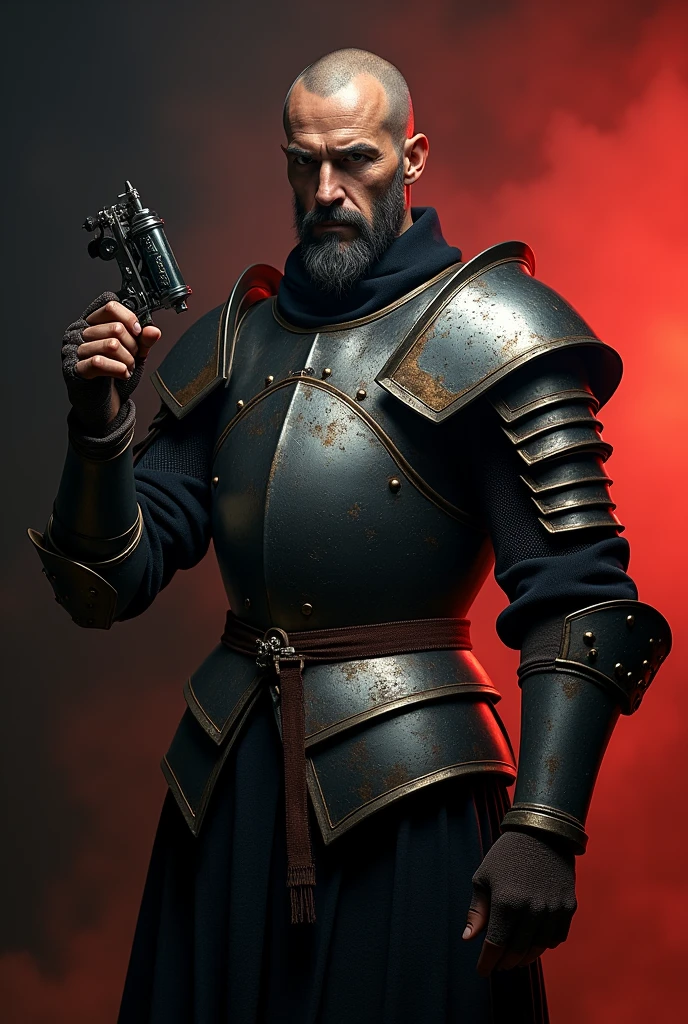 Medieval knight with tattoo machine in hand with a black background in gradients to red 