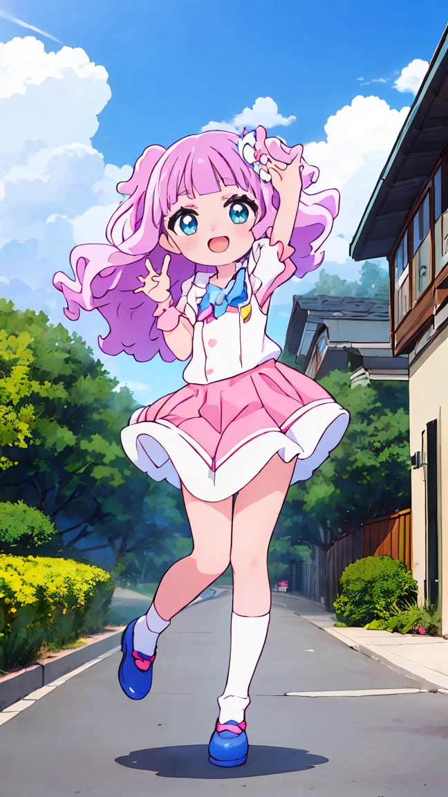 (8k、Ultra-high resolution、Highest quality、Ultra-high resolution、Official Art:1.5,Official Art),(Watching the audience), alone, smile, ((Pink Knee Socks)),(standing/Are standing in honor),Beautiful Hair, Beautiful Face, Beautiful and beautiful eyes, Beautiful clavicle, Beautiful body, Beautiful legs, Beautiful fingers, 
(Beautiful views),smile),((front:1.5)), Bangs straight,blue sky,El-chan (Hirogaru Sky! Precure),(((Cute official uniform))),low length,