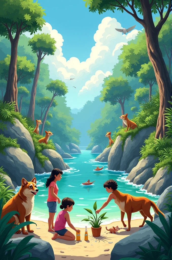 Mga larawan ng mga hayop sa kagubatan at dagat, tao na nagsasagawa ng pagtatanim ng puno, paglilinis ng dalampasigan, o pag-recycle at mga produktong gawa sa mga recycled na materyales
ine one pic I want a drawing