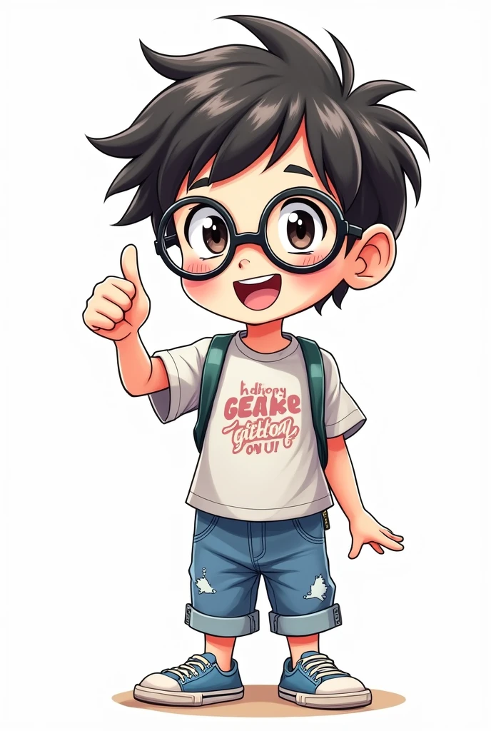 Cute anime Japan nerd with thumb up in digital pen drawing in line without color