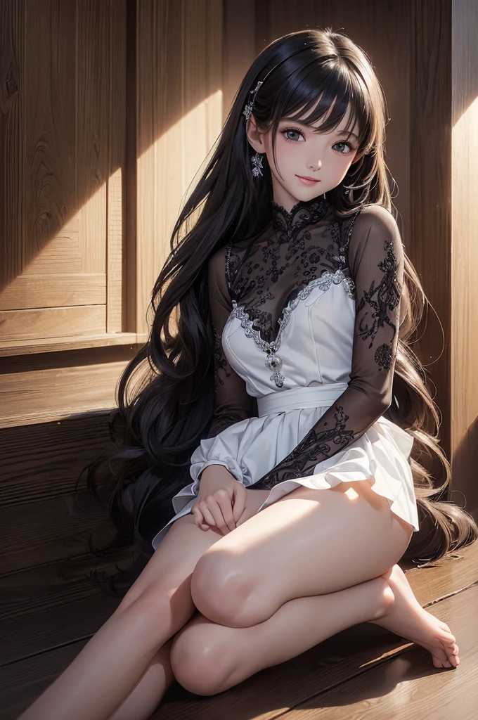 ((masterpiece, best quality, ultra-detailed, high resolution, extremely detailed CG, super detailed, Most beautiful clean lighting)), 1girl, small build, 10 years old, cute girl, pretty face, smile, white skin, Beautiful black long hair, black eyes, kawaii, full body, nsfw,