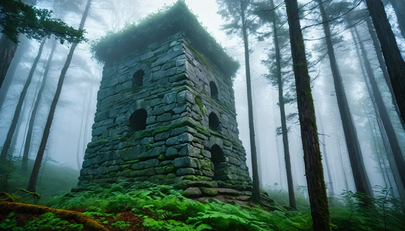forest, Tall stone structure, in the forest, Thick Fog, Fantasy