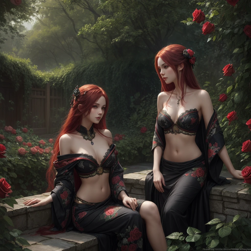 (high quality, ArtStation, fantasy art:1.2), (A beautiful thin girl sitting), (long messy red hair), (black ornate kimono, navel, bare shoulders), (lush roses garden)