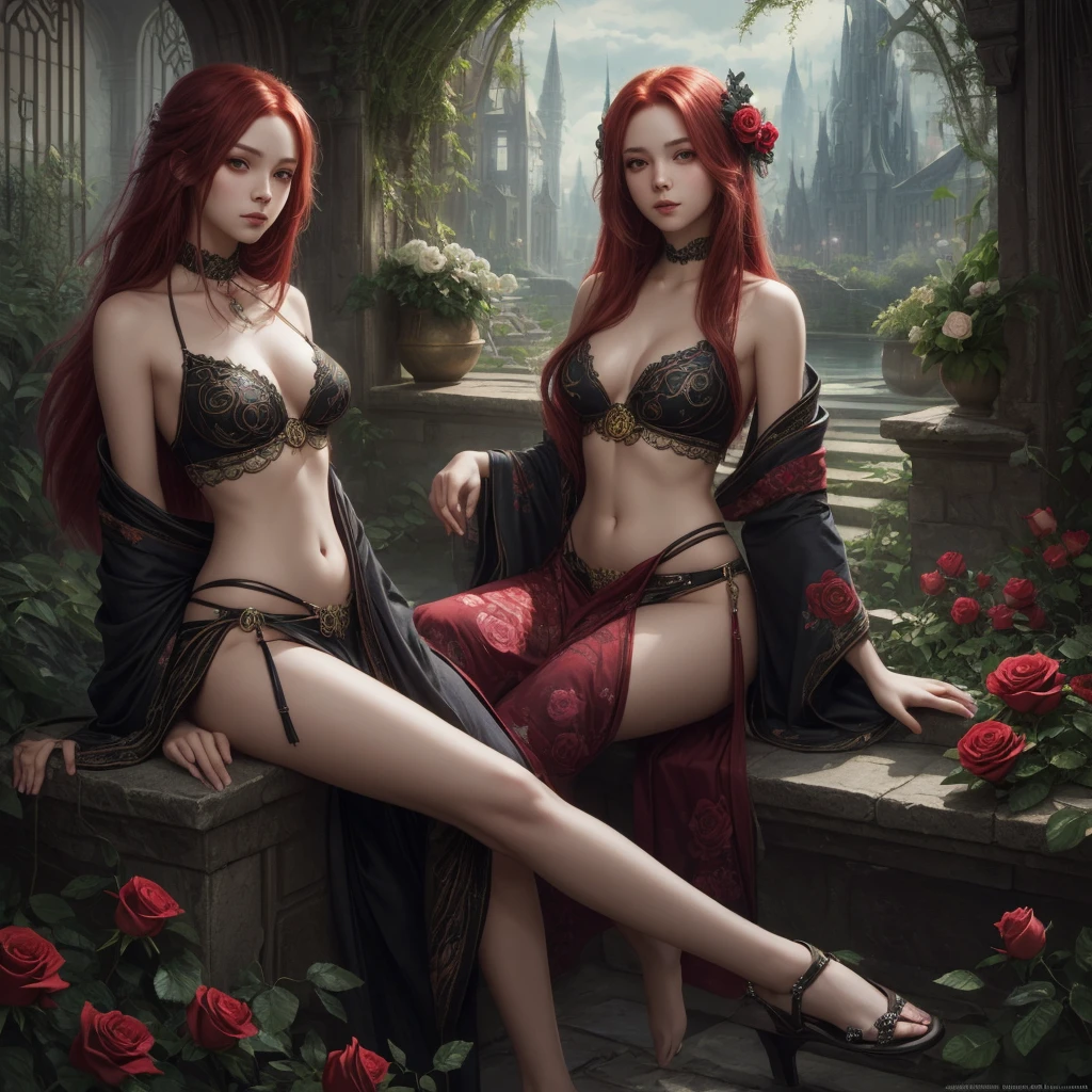 (high quality, ArtStation, fantasy art:1.2), (A beautiful thin girl sitting), (long messy red hair), (black ornate kimono, navel, bare shoulders), (lush roses garden)