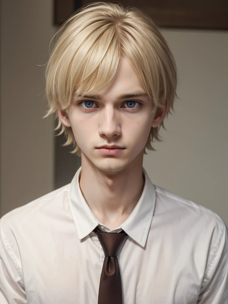 (best quality), 1boy, Male, 24 years old, young man, pale skin, blonde hair, messy hair, messy bangs, bangs over eyes, short hair, brown eyes, perfect eyes, Denji, dark circles under eyes, lanky, tired, white shirt with tie, masterpiece, anatomically correct, highres