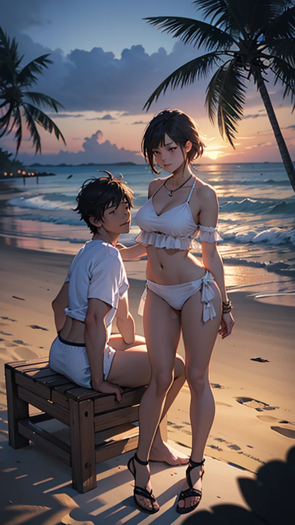 A young couple is sitting on the beach and romancing. The woman is wearing short sexy clothes and her hips are large. Coconut trees are nearby. It is evening.