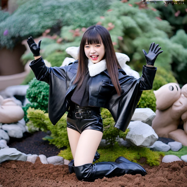 Asian Girls, Black Leather Pants, Leather Jacket with Shirt, Long Hair with bangs, Zen Garden, with leather Gloves, with Satin Cloak, Asian, Smile, Friendly, Happy, Open Mouth, Full Body 4k. 