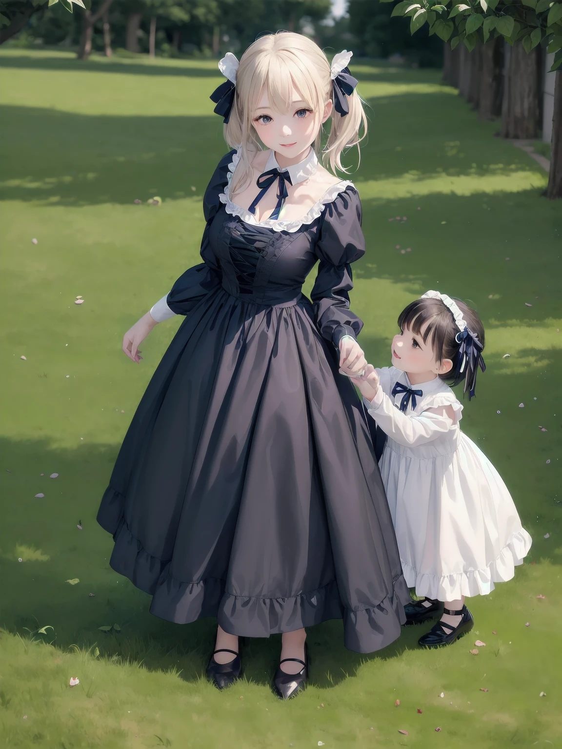 A tranquil outdoor scene at dusk, Bright blue sky with twinkling stars々It turns into a canvas of. Beautiful young girl, She wears a stunning black and white gothic maid dress adorned with navy blue ribbons, Standing in lush green grass. Her companion, Fun toddler, She wears a charming maid's hat with ruby accessories., Paired with black stockings and shoes. The little child is shining with joy, The two of them are smiling brightly as they gaze at the heavens together.
