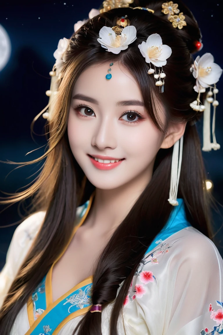 Sexy Pose , (masterpiece), (solo), 1 girl, most, idol face, gorgeous girl, an extremely cute and beautiful girl, highly detailed beautiful face and eyes, over sized eyes, big eyes, smiling, 18yo, looking at viewer, (high sexual attraction,long hair), in the dark night, (sexy Chinese Hanfu+body implants) ,