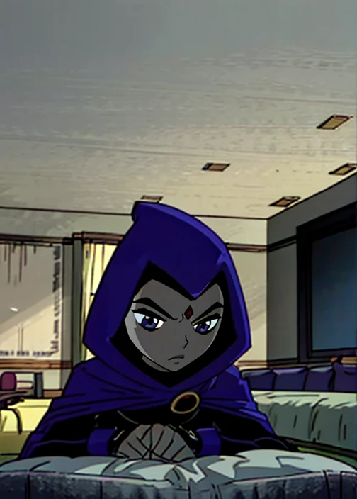 white raven, 1girl, solo, short hair, purple hair, hood, cape, colored skin, cloak, grey skin, forehead jewel, room, living room,, cape touch the ground,
From Below, Close-Up, sad
