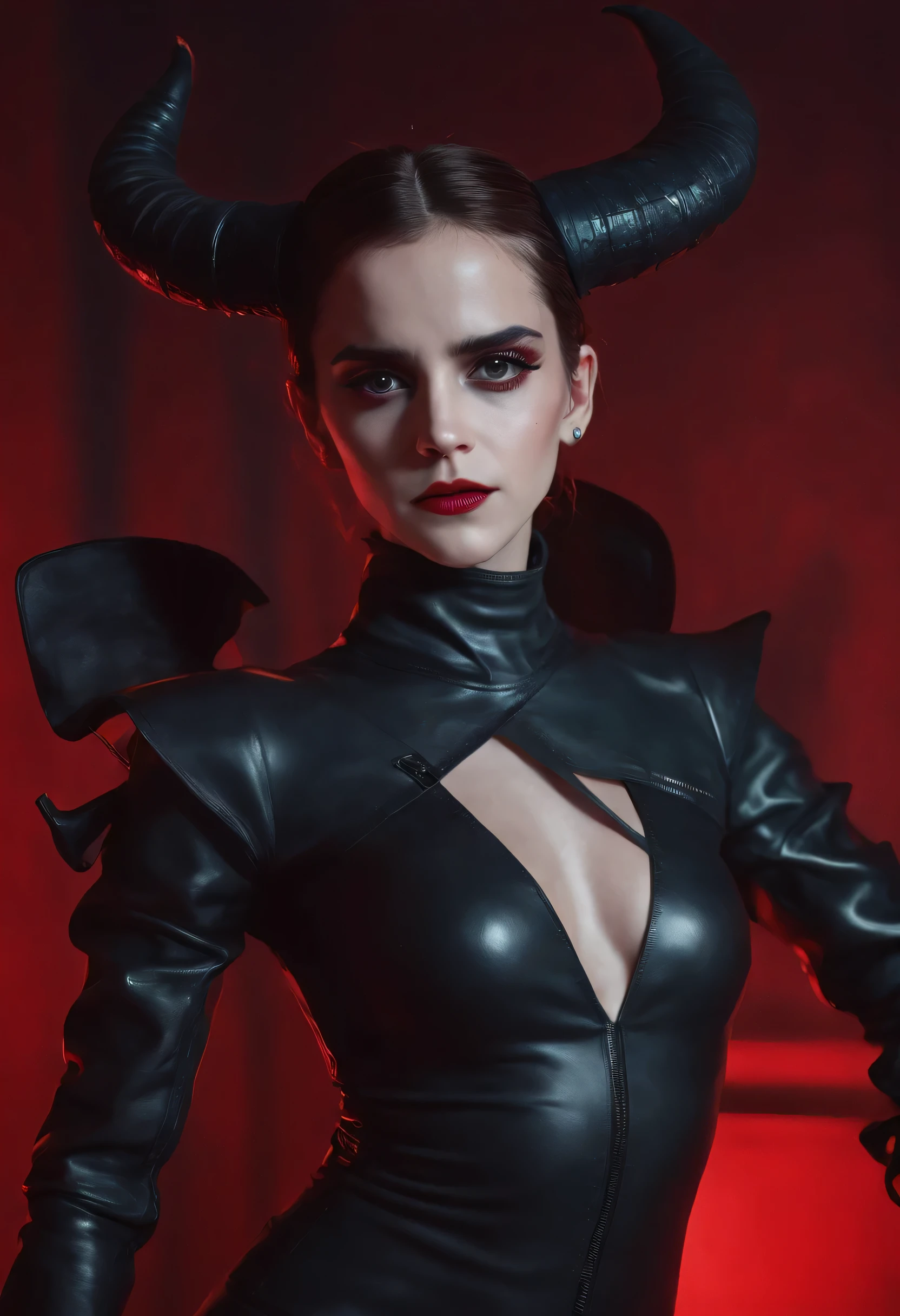 a demon Emma Watson with horns dressed in latex leotard posing for a photo, red neon behind her, goth asthetics, very beautiful goth top model, goth woman, dark goth queen, gothic horror vibes, goth girl, darksynth vibes, dark and intricate, gothic and futuristic, latex fetish, goth vibe, dark demonic dancer, ornamental gothic - cyberpunk, red lights, ultra detailed, hyper realistic, masterpiece.