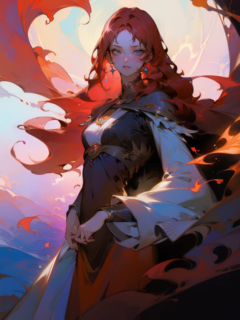 ( High quality , ultra detailed to hand ) ( careful hand ) Zodiac sign- Aries goddess , similar to latin goodness , Brave ,willful ,productive ,enterprising and humanitarian face . Moody, impulsive, impatient, assertive style . sunset reddish hair , transparent dress , in the ocean with sun , whole body , crystal fire eyes ( eye detailed ) . strong powerful make up look . Fire goddess .