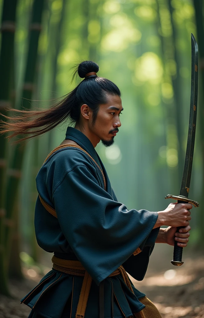 Raw photograph of a samurai, standing in fighting stance, with a sword drawn in his hands, prepared for battle, in full samurai costume (kimono) (wind in a bamboo forest), (the wind lifted the leaves), a cut on his shoulder ( high skin detail: 1.2), 8k hd, reflex camera, Soft lighting, high quality, film grain, Fujifilm XT3