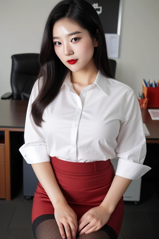 A young Korean beautiful girl, 18-year-old, sexy girl, strikingly beautiful, black hair, big breasts, delicate facial features, porcelain skin, red lips, expressive eyes, (((masterpiece))),(((High resolution)))、(((8K)))、(((perfect face)))、(((beauty of japan)))、(((beautiful face))), (((office))), (((shirt))), ((pencil skirt)), ((tights)), embarrassed look, look at the camera, top quality eyes, detailed texture, look at the camera, all body, big , Married woman, cool women, (((high resolution eyes))), nsfw
