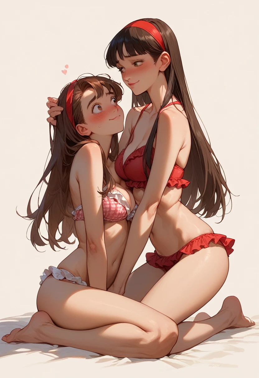 (cofee_kizoku, anmi, tadano yukiko), brown hair,  frilled bikinis, shy smile,  blush, middle breasts,  simple background,  best quality, ultra-detailed, long hair, alternative hair style, full body, 