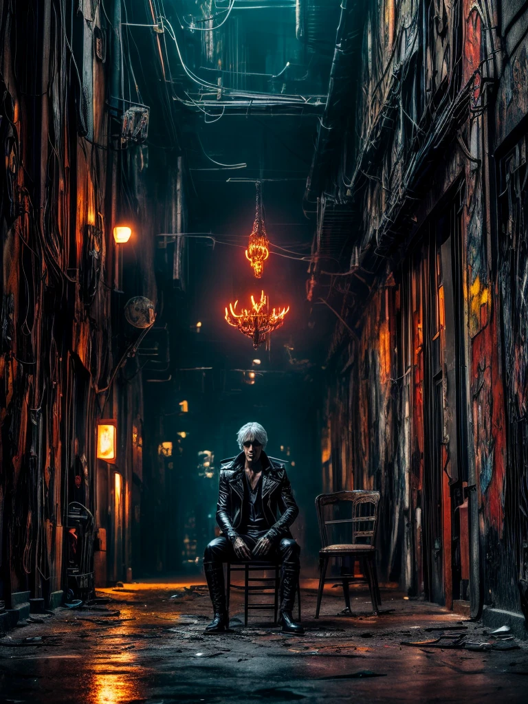 A stunning, high-quality photo featuring a man sitting majestically on a metallic artist's chair, dressed in a devilish outfit reminiscent of the game "Devil May Cry". His pose is confident and dramatic, with a devilish grin on his face. The background is a complex, graffiti-covered wall adorned with intricate "EKO" typography, created using mechanical ornaments. The atmosphere is dark and mysterious, with several neon lights illuminating the scene. The floor is damaged and worn, adding to the overall gritty aesthetic. The image is ultra-high definition, ultra-clear, and exceptionally detailed., photo, typography