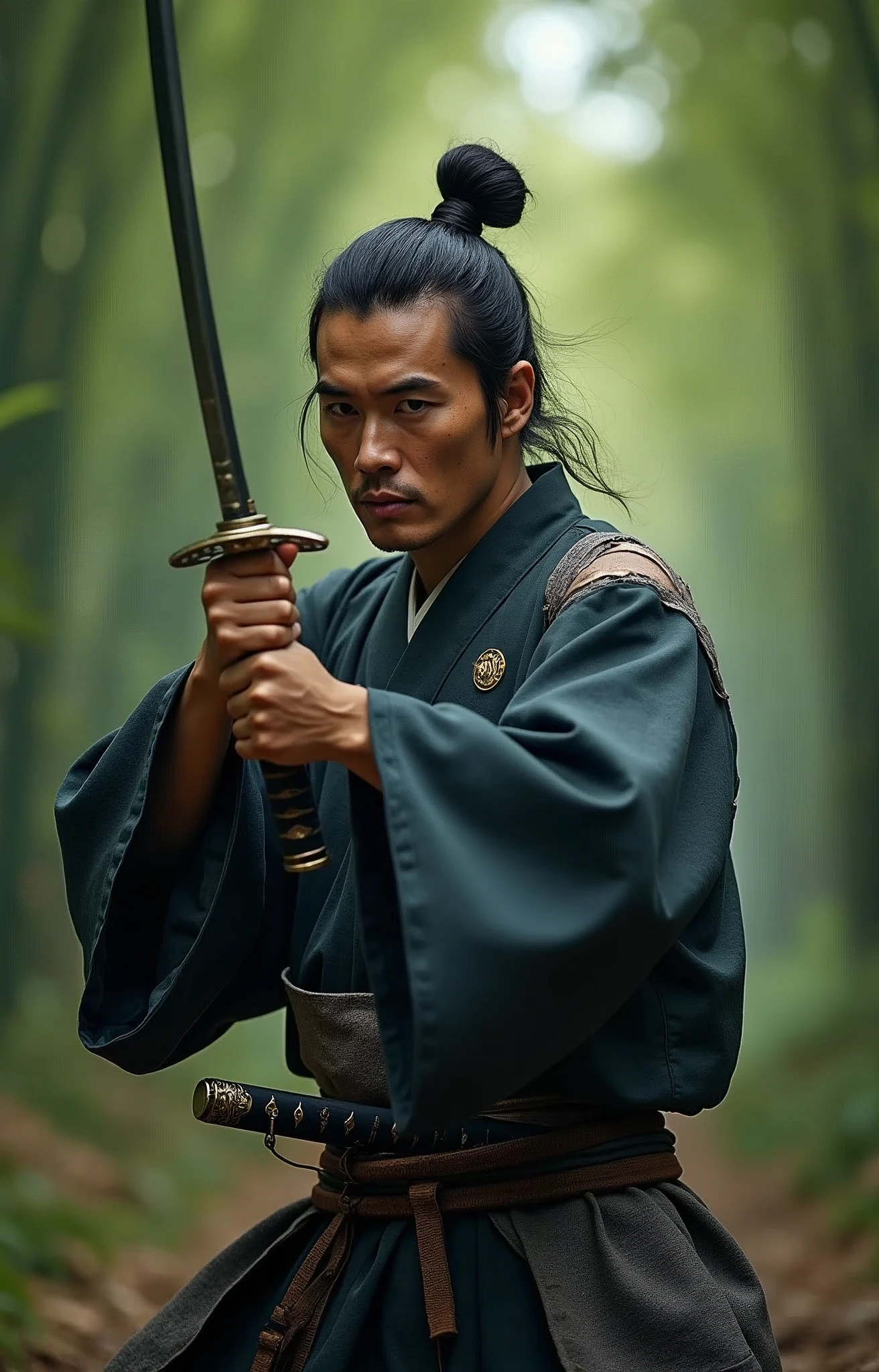 Raw photograph of a samurai, standing in fighting stance, with a sword drawn in his hands, prepared for battle, in full samurai costume (kimono) (wind in a bamboo forest), (the wind lifted the leaves), a cut on his shoulder ( high skin detail: 1.2), 8k hd, reflex camera, Soft lighting, high quality, film grain, Fujifilm XT3