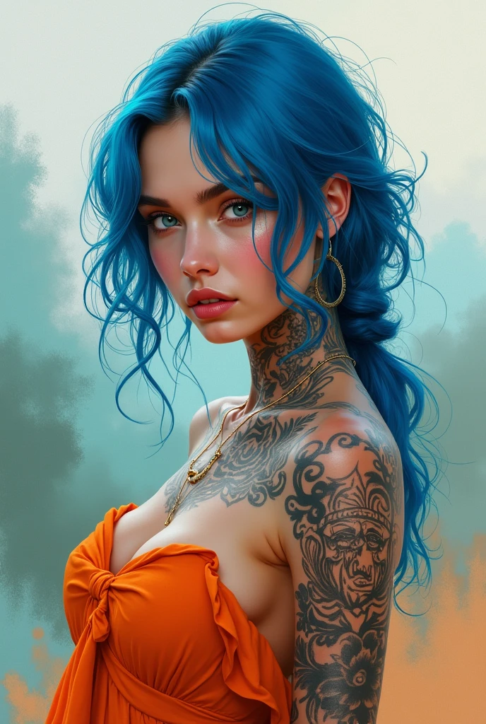 Beautiful blue haired tattooed girl in orange dress with watercolor stains background