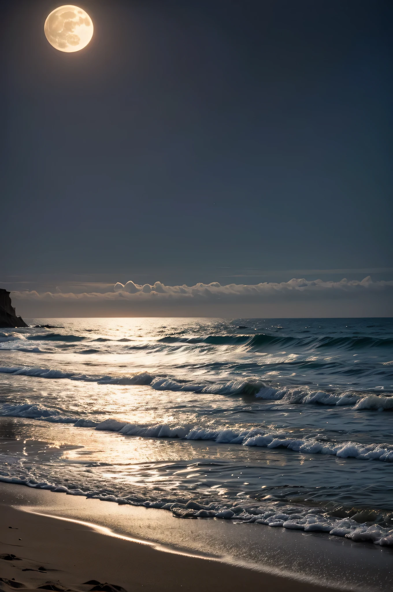 on the beach, at midnight, with a full moon, long shot, darkness, beach house, background photo