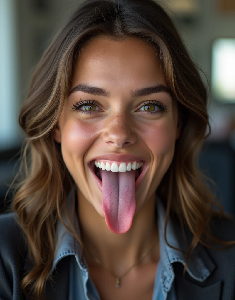 face of 16 year old model Victoria's secret with mouth wide open, long tongue, Delicate eyes, nose, and lips, Wearing professional attire, Sitting in her office, Use her, pk (best quality,4K,8K,high resolution,masterpiece:1.2),Extremely detailed,(Practical,photoPractical,photo-Practical:1.37),HDR,Studio Lighting,Extremely detailed face
