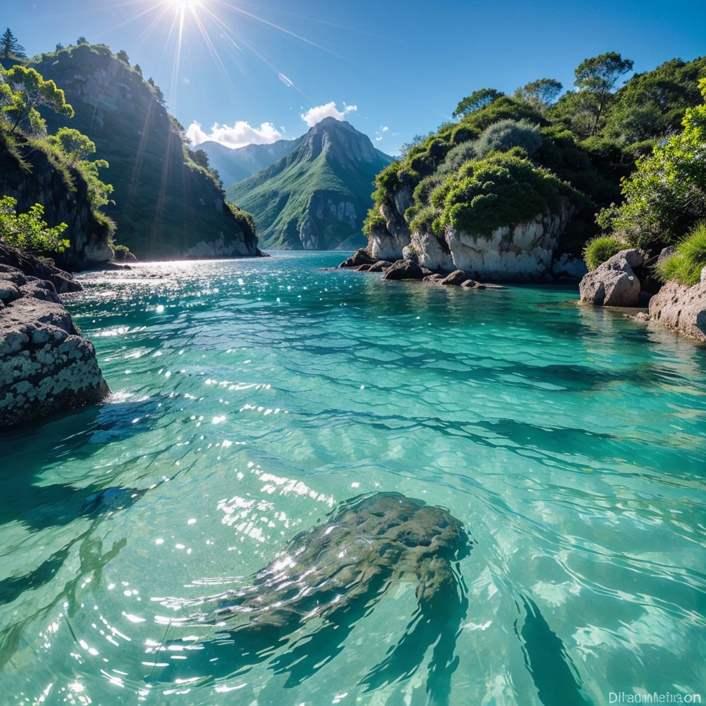 Half surface water half underwater sea illuminated by blue sunlight,nature mountain,fresh green environment