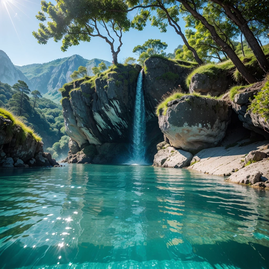 Half surface water half underwater sea illuminated by blue sunlight,nature mountain,fresh green environment 