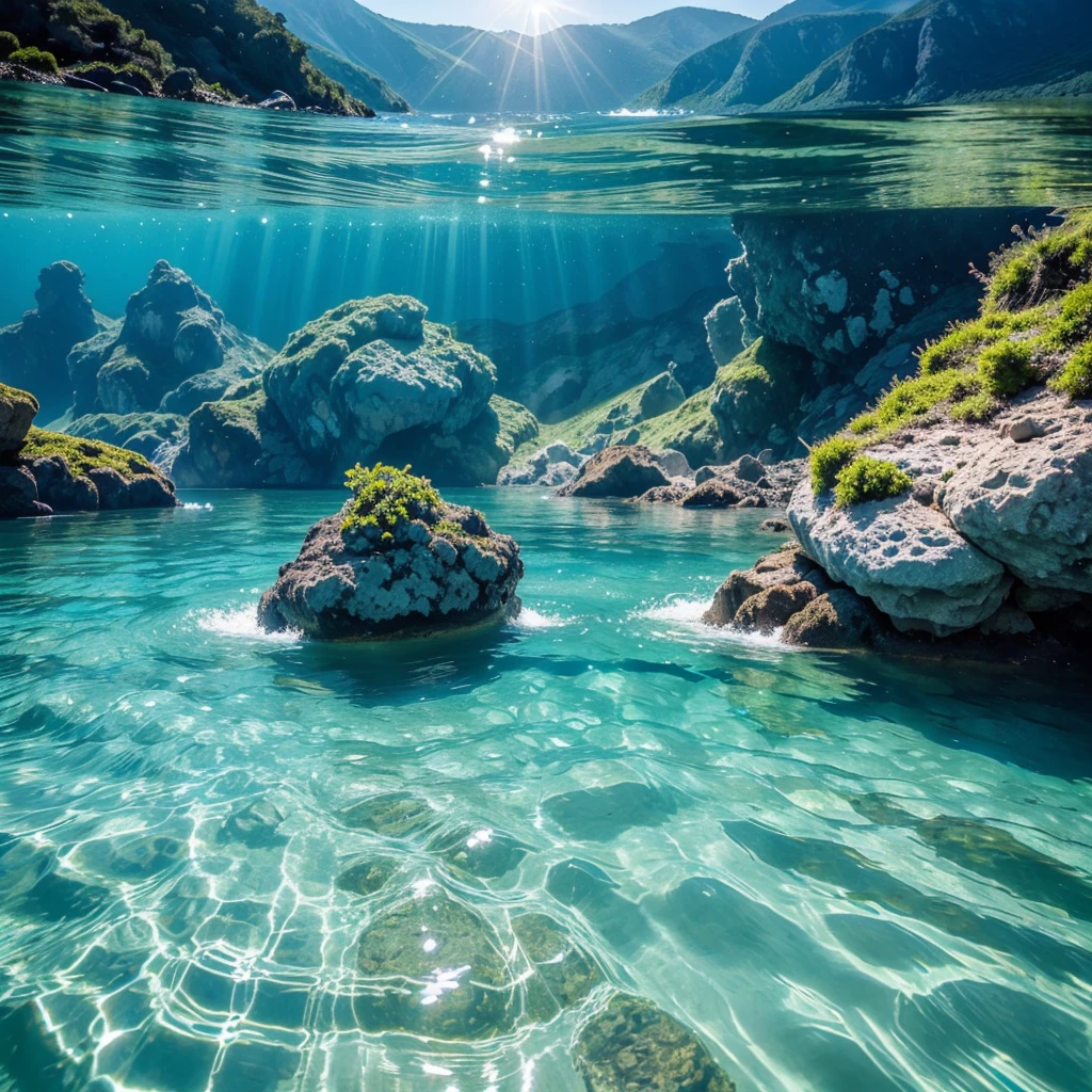 Half surface water half underwater sea illuminated by blue sunlight,nature mountain,fresh green environment