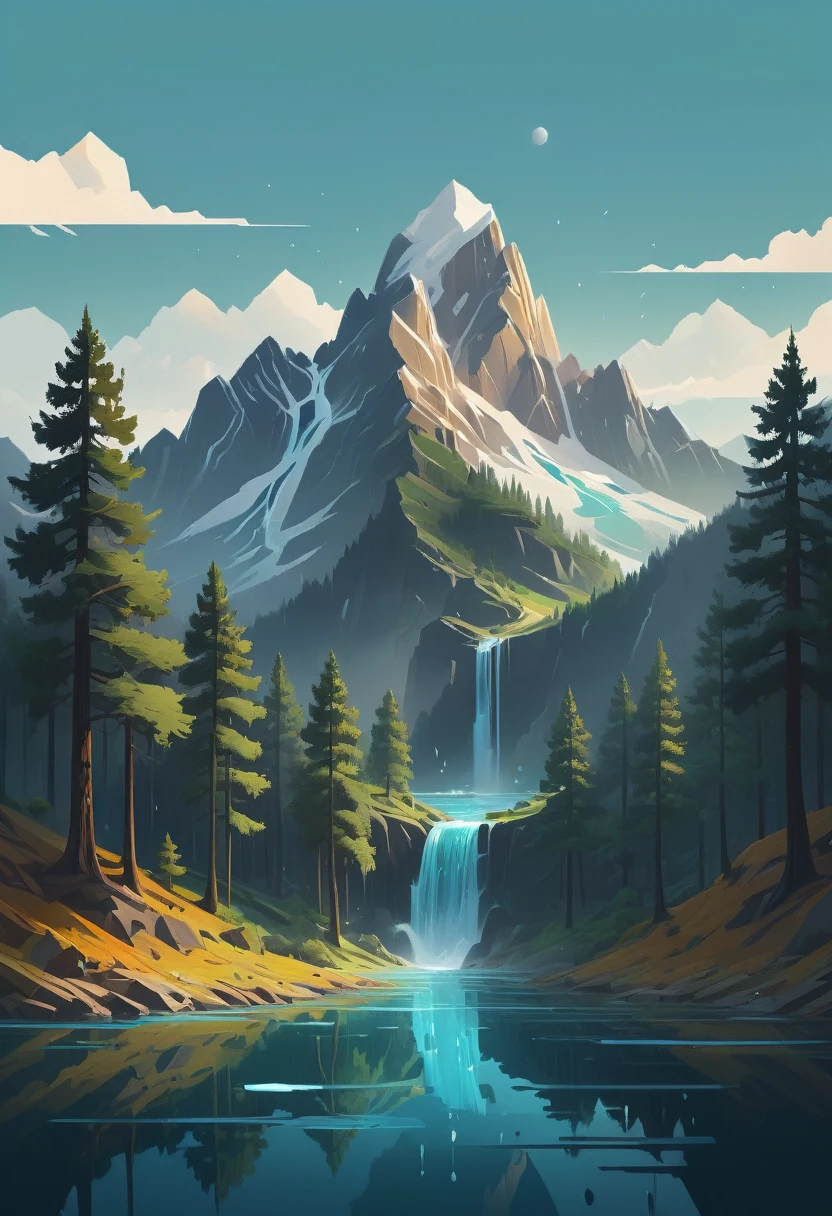 impressive painting of a mountain with trees and water, a detailed painting by Petros Afshar, shutterstock contest winner, environmental art, detailed painting, outlined art, 2d game art, isolated background for logo, strong contours, logo design