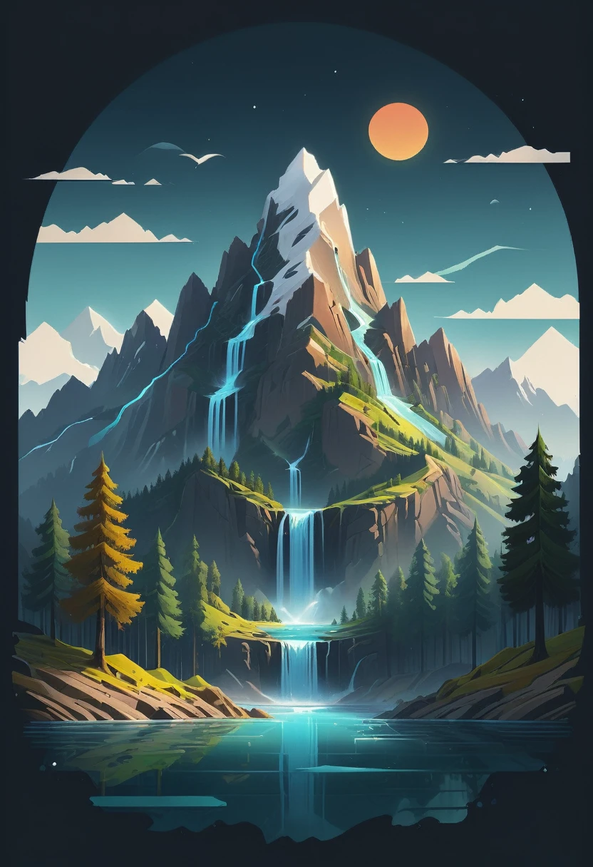 impressive painting of a mountain with trees and water, a detailed painting by Petros Afshar, shutterstock contest winner, environmental art, detailed painting, outlined art, 2d game art, isolated background for logo, strong contours, logo design
