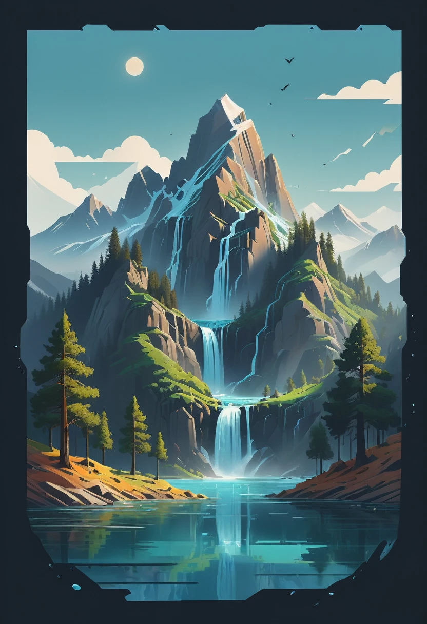 impressive painting of a mountain with trees and water, a detailed painting by Petros Afshar, shutterstock contest winner, environmental art, detailed painting, outlined art, 2d game art, isolated background for logo, strong contours, logo design