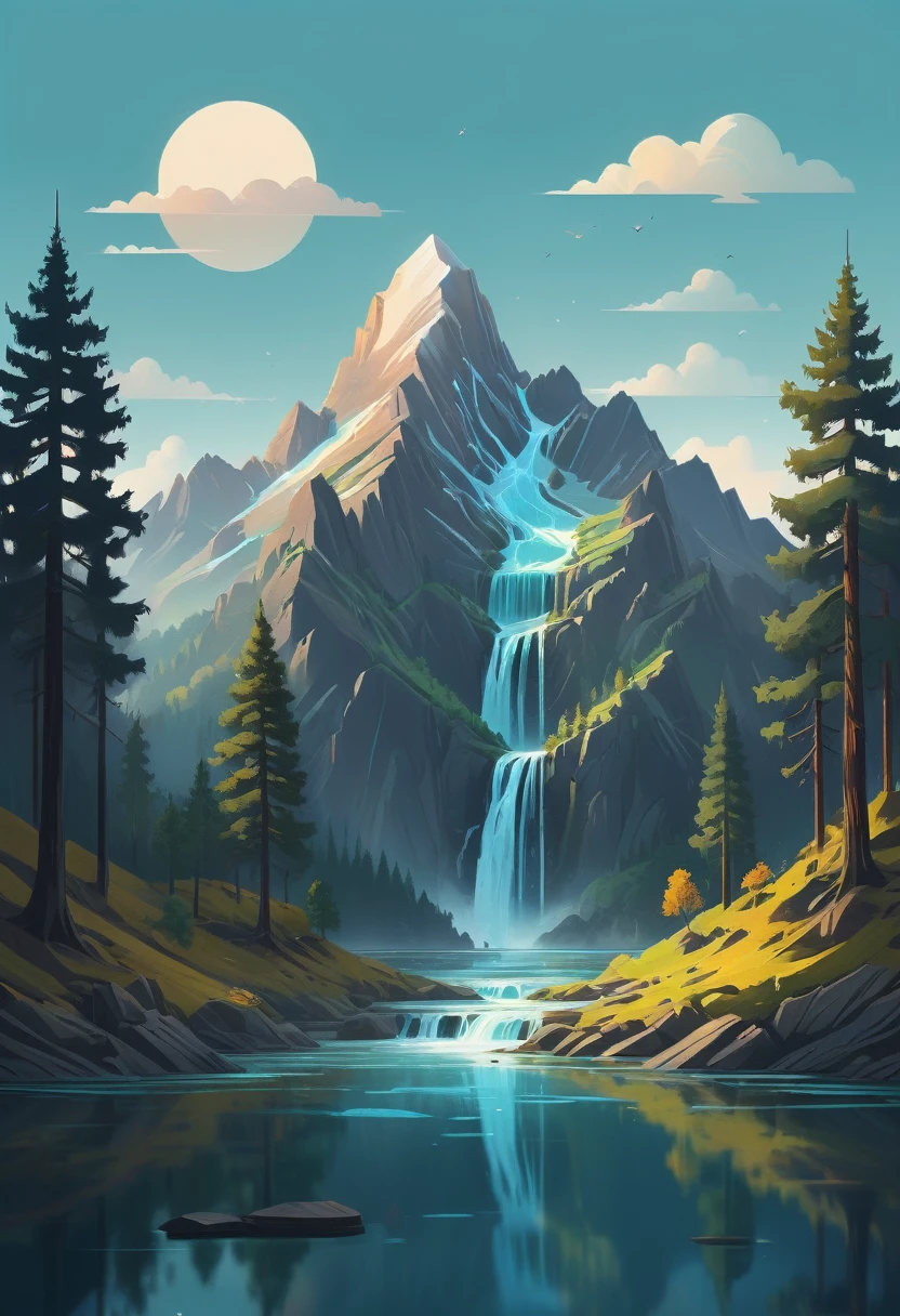 impressive painting of a mountain with trees and water, a detailed painting by Petros Afshar, shutterstock contest winner, environmental art, detailed painting, outlined art, 2d game art, isolated background for logo, strong contours, logo design
