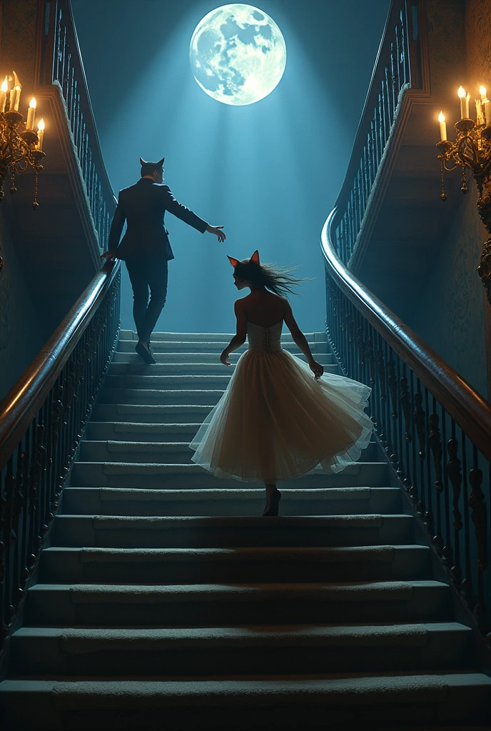 The female cat with a girl's body, in her ball gown, is fleeing down a grand staircase as the clock strikes midnight. The male cat in a human body, as the prince, reaches out to her, trying to stop her from leaving. The moonlight should cast long shadows, adding a sense of urgency and mystery.