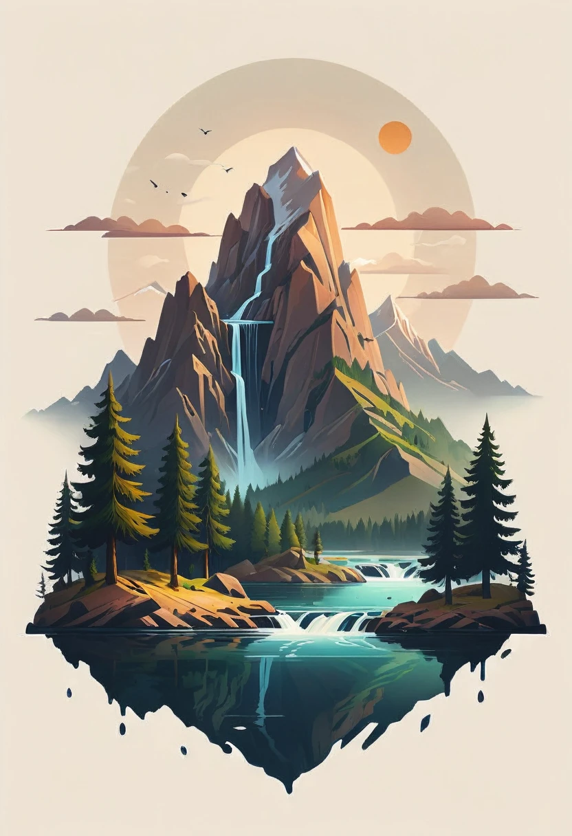 impressive painting of a mountain with trees and water, a detailed painting by Petros Afshar, shutterstock contest winner, environmental art, detailed painting, outlined art, 2d game art, isolated background for logo, strong contours, logo design
