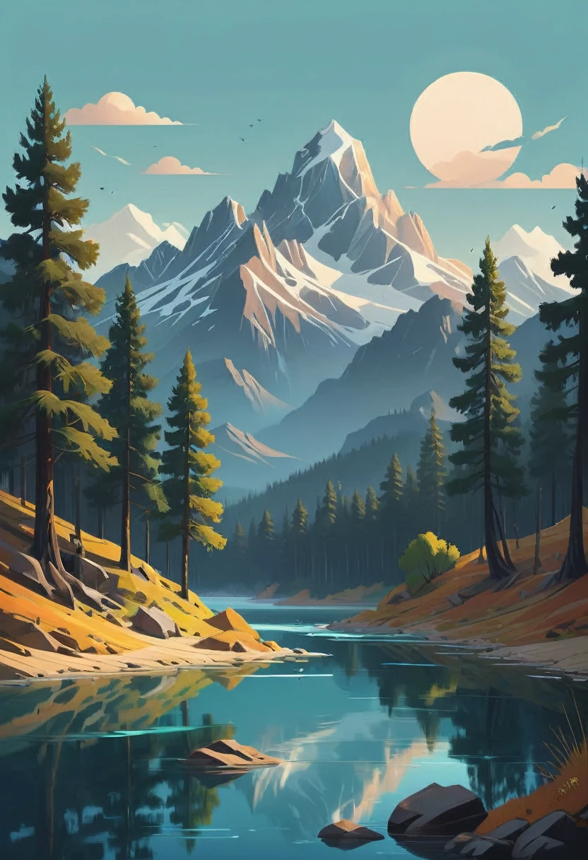 impressive painting of a mountain with trees and water, a detailed painting by Petros Afshar, shutterstock contest winner, environmental art, detailed painting, outlined art, 2d game art, isolated background for logo, strong contours, logo design