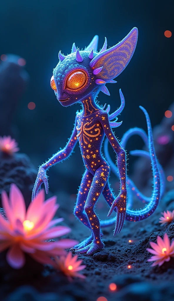 ((((Black Light Art)))), An extraterrestrial creature with multiple colorful appendages and eyes that glow in various hues. While moving in a weightless environment、Its body gives off a bioluminescent glow.。. On that body, Intricate patterns are carved into, Similar to constellations in the sky. Skin color changes to match the surrounding environment. This alien creature、Thriving on an alien land filled with bioluminescent plants that give off a soft, glowing light。, An otherworldly glow against a generally dark background.​