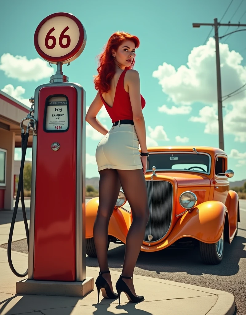 Wide-angle shot of a sizzling 1950s scene: a ravishing redheaded pin-up girl stands provocatively by a vintage gas pump at a full-service station on America's iconic Route 66. Her luscious locks are styled in a nostalgic '50s pin-up art flair, accentuating her hourglass figure and curvaceous silhouette. She sports a fitted white skirt, a bold red blouse with tantalizing cleavage, and black pantyhose with a garter belt and ankle-strap heels. The stunning roadster, a 1932 Ford hot rod, gleams in the sunlight, its orange and yellow flames burning bright against the backdrop of Route 66's open highway. retina, accurate, masterpiece, super detail, high details, best quality, award winning, highres, HD, 4K, 8k, 16k, realistic