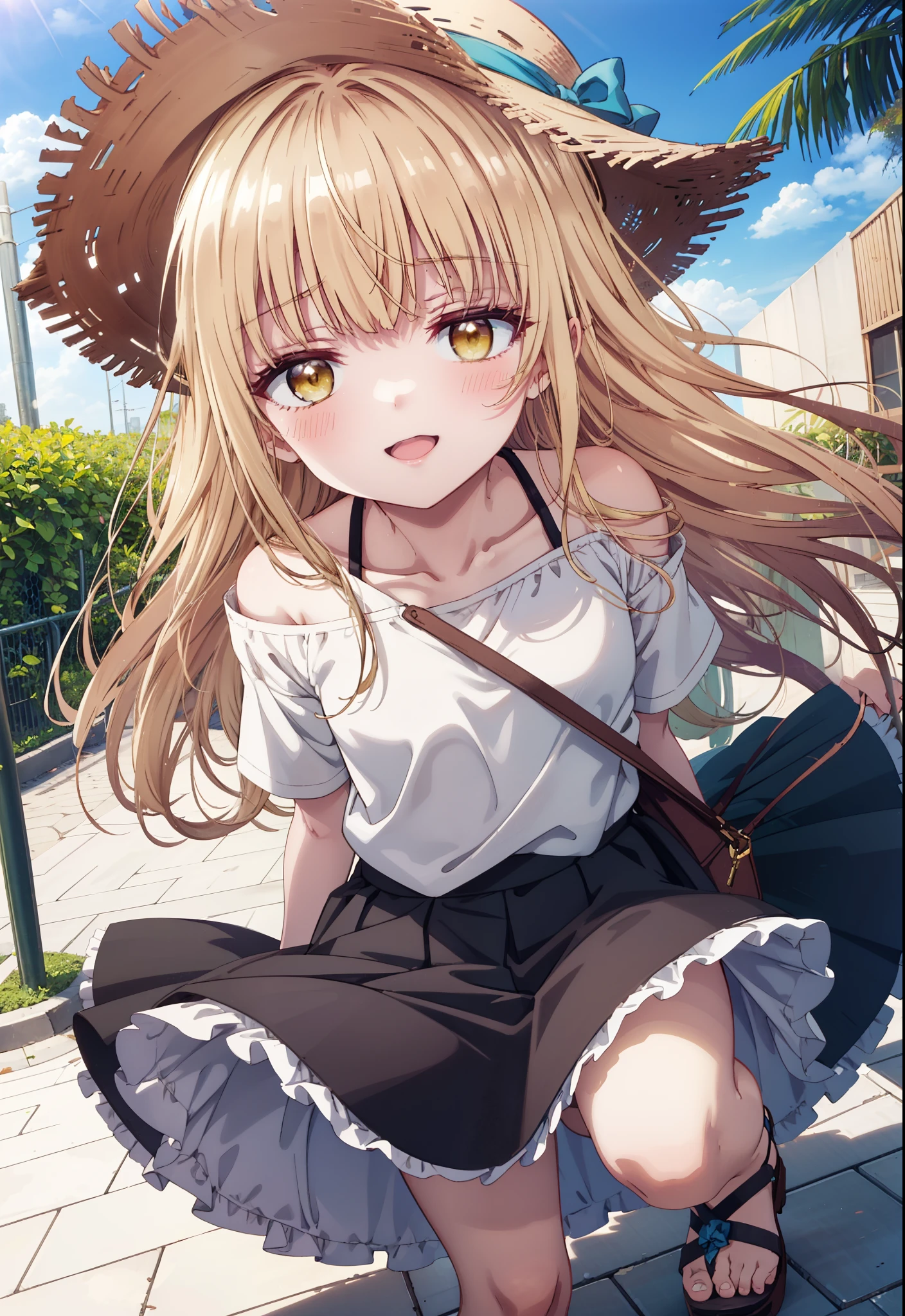 mahirushiina, mahiru shiina, Long Hair, bangs, Blonde, Brown Hair, (Yellow Eyes:1.3),happy smile, smile, Open your mouth,blush, Straw hat,smile,Cold Shoulder Shirt,Short sleeve,Long skirt,Cute heeled sandals,True Summer,Clear skies,Daytime,Palm tree,Hair is fluttering in the wind,whole bodyがイラストに入るように,
break outdoors, tropical,In town,Coastal Road,
break looking at viewer, whole body,
break (masterpiece:1.2), Highest quality, High resolution, unity 8k wallpaper, (figure:0.8), (Beautiful attention to detail:1.6), Highly detailed face, Perfect lighting, Highly detailed CG, (Perfect hands, Perfect Anatomy),