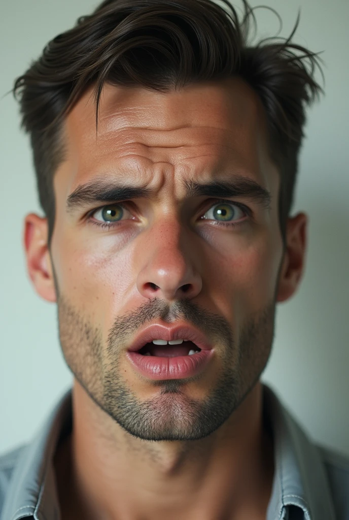 A handsome man's head on a sexy  young girl's body. Shocked expression 