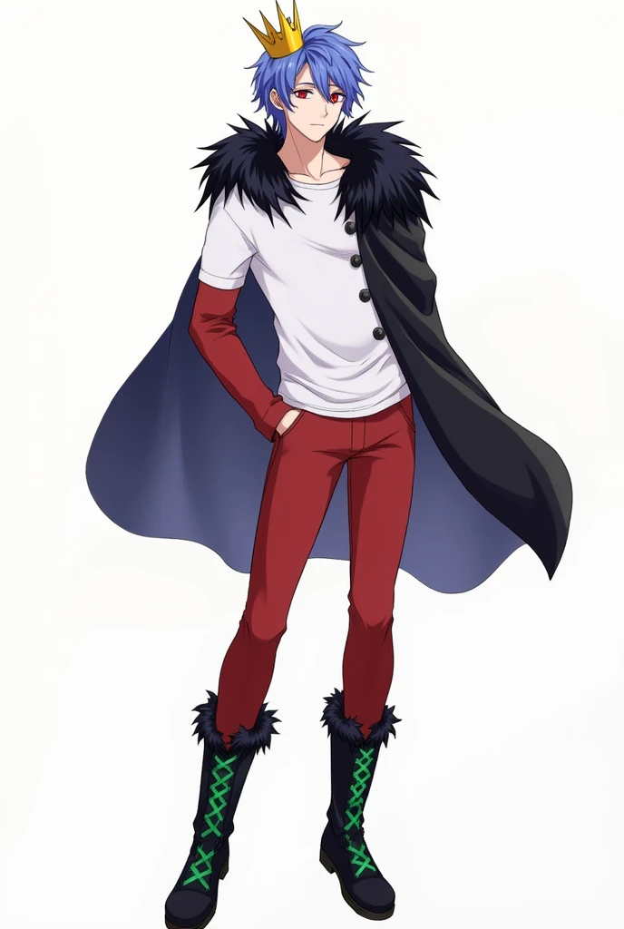 High school student male、A small, plain golden crown is worn on the upper left side of the head.、Blue-purple short hair(Sideburns、bangs、Long curly hair)、Black fur on shoulders、One black cloak、The cape is worn without the sleeves in place、Both eyes are red、A plain white t-shirt with elbow-length sleeves、Red long sleeve trousers、black long boots(Green shoelaces)