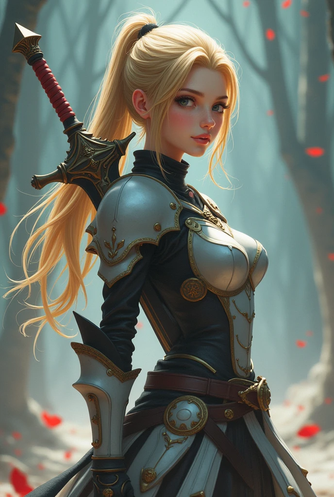 Final Fantasy game theme. Image of a tanned haired girl standing holding her favorite sword., He wore light black and white armor.., pastel colours, and dramatic tones. A masterpiece with the highest resolution. , Surrealist image type