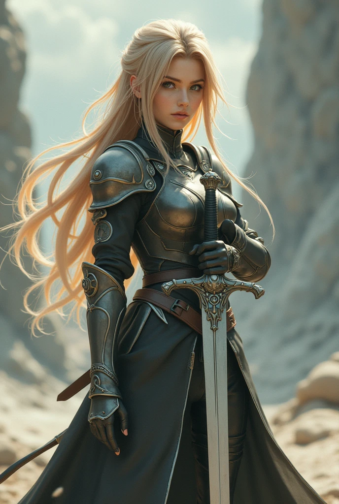Final Fantasy game theme. Image of a tanned haired girl standing holding her favorite sword., He wore light black and white armor.., pastel colours, and dramatic tones. A masterpiece with the highest resolution. , Surrealist image type