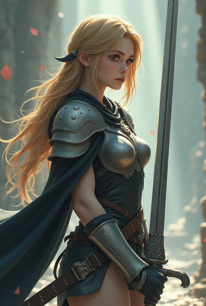 Final Fantasy game theme. Image of a tanned haired girl standing holding her favorite sword., He wore light black and white armor.., pastel colours, and dramatic tones. A masterpiece with the highest resolution. , Surrealist image type