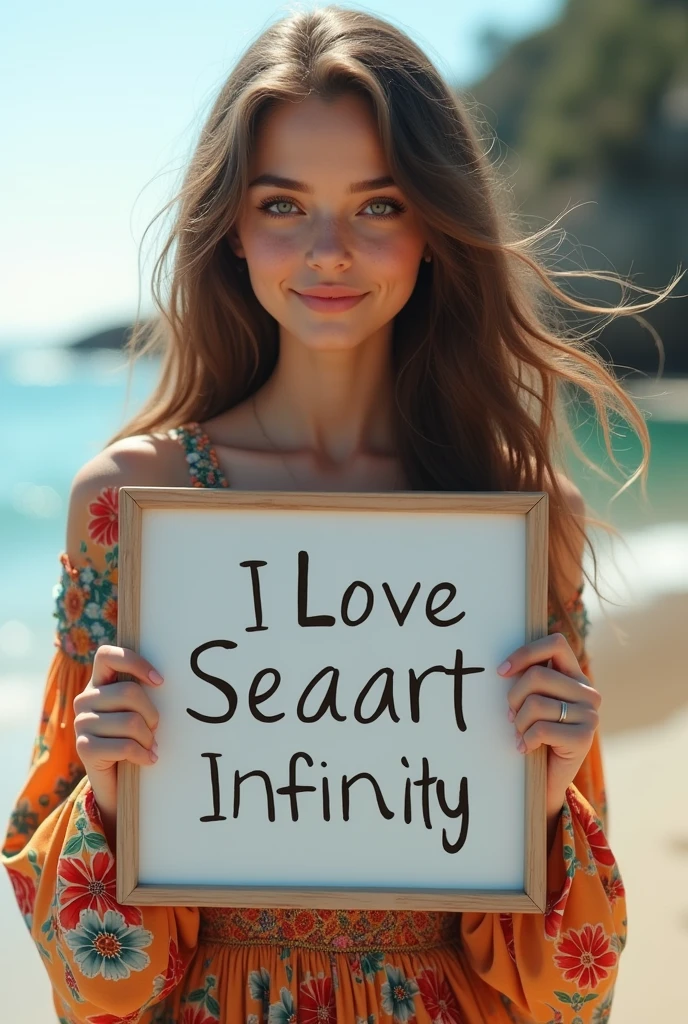 Beautiful girl with wavy long hair, bohemian dress, holding a white board with text "I Love Seaart Infinity" and showing it to the viewer